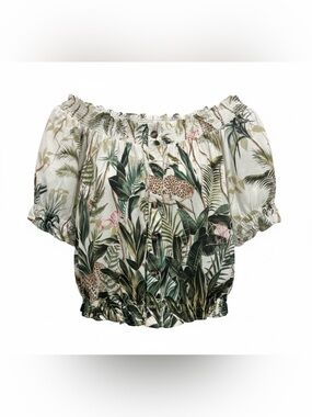 H&M White and Green Tropical Off-Shoulder Blouse